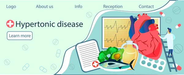 Hälsobegreppet Hypertoni Sjukdom Små Läkare Behandla Hjärtinfarkt Hjärtats Kardiogram Symtom — Stock vektor
