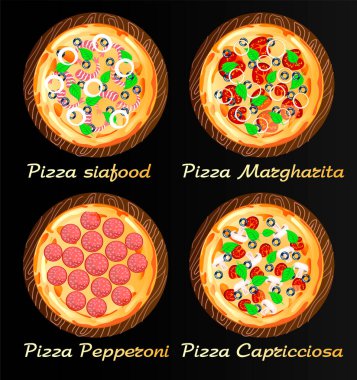 Pizza kümesi vektör çizimi. Deniz ürünleri, pizza Ai Funghi, Pepperoni, vejetaryen pizza.