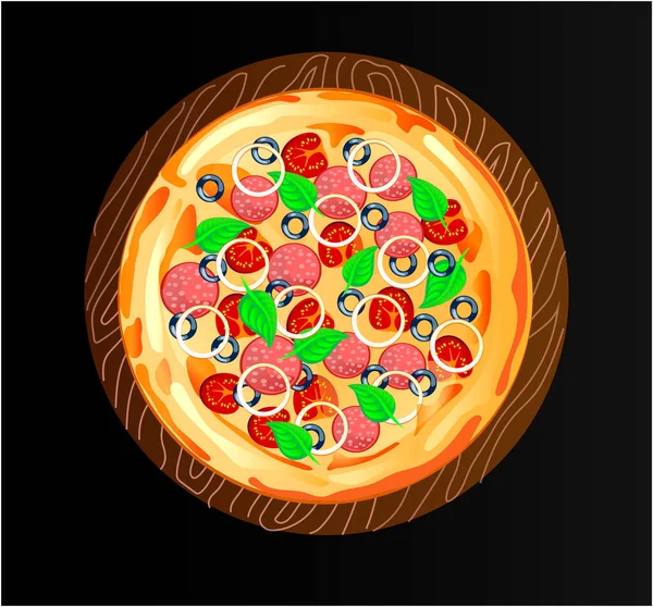 トマト チーズ オリーブ ソーセージ 玉ねぎ バジルと新鮮なピザ 伝統的なイタリアのファーストフード 最高の眺めの食事 ヨーロッパの軽食 隔離された白い背景 — ストックベクタ