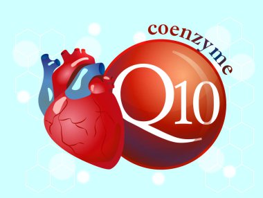 Koenzim Q10 ve kalp. Kardiyak aktiviteyi sürdürmek için bir madde. Sağlıklı bir yaşam tarzının temelleri. Etiket tasarımı, simge, logo, poster, afiş için harika
