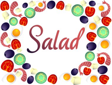 Salata beyaz arka planda izole edilmiş. Salata: karides, kırmızı domates, peynir, marul, salatalık, zeytinyağı. Vektör