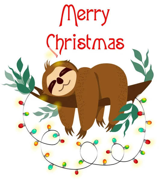 Tatlı tembel hayvanlı mutlu noel kartları. Merhaba Kış baskısı. Mutlu yıllar kartı.