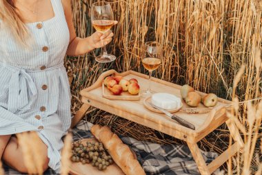 Kız piknikte aperol içiyor. Yaz tatili..