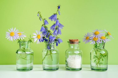 Alternatif şifalı bitkiler ve homeopatik küreseller. Homeopati tıp konsepti. Bir şişe homeopatik boncuk, şifalı bitkiler ve çiçekler. Homeopati ilacı..