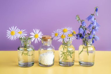 Alternatif şifalı bitkiler ve homeopatik küreseller. Homeopati tıp konsepti. Bir şişe homeopatik boncuk, şifalı bitkiler ve çiçekler. Homeopati ilacı..