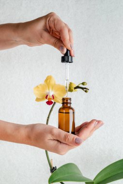 Genç bir kadın elinde deri için bir özü tutuyor. Tropik orkide çiçekleri. Unisex kozmetik. Mesaj için yer. Spa doğal organik ürünler. Erkekler ve kadınlar için anti-yaş kozmetikleri.. 