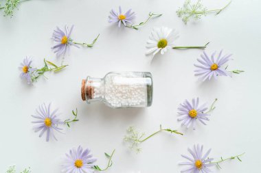 Alternatif şifalı bitkiler ve beyaz arka planda homeopatik küreler. Homeopati tıp konsepti. Bir şişe homeopatik boncuk, şifalı bitkiler ve çiçekler.. 