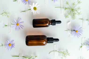 Unisex kozmetik. Mesaj için yer. Spa doğal organik ürünler. Erkekler ve kadınlar için anti-yaş kozmetik ürünleri. Çiçeklerin arka planında deri sağlığı için bir şişe öz ve surum. Doğal bitkisel cilt bakımı