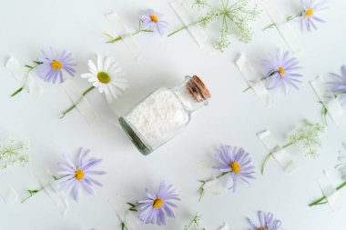 Alternatif şifalı bitkiler ve beyaz arka planda homeopatik küreler. Homeopati tıp konsepti. Bir şişe homeopatik boncuk, şifalı bitkiler ve çiçekler.. 