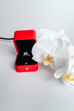 Nişan yüzüğü kırmızı hediye kutusunda, beyaz arka planda. Evlen benimle. Lüks aksesuar. Mesaj için yer. Tropik orkide çiçekleri.