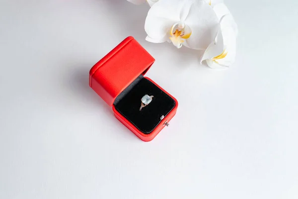 Engagement Ring Red Gift Box White Background Marry Luxury Accessory — Stock Photo, Image