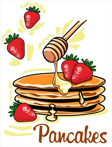 Frische Hausgemachte Pfannkuchen Mit Honig Und Erdbeeren Zeichenstil Von Hand — Stockvektor