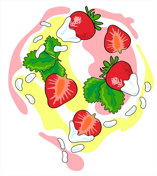 Morango Fresco Chantilly Sumo Frutas Salpicar Alimentos Orgânicos Ilustrações Desenhadas — Vetor de Stock