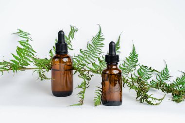 Broşürlü aromaterapi için bir şişe spa yağı. Beyaz arka planda deri sağlığı için bir şişe öz ve surum. Siyah camlı doğal bitkisel cilt bakım ürünleri. Model reklamcılık. 