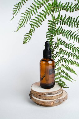 Broşürlü aromaterapi için bir şişe spa yağı. Beyaz arka planda deri sağlığı için bir şişe öz ve surum. Siyah camlı doğal bitkisel cilt bakım ürünleri. Model reklamcılık. 