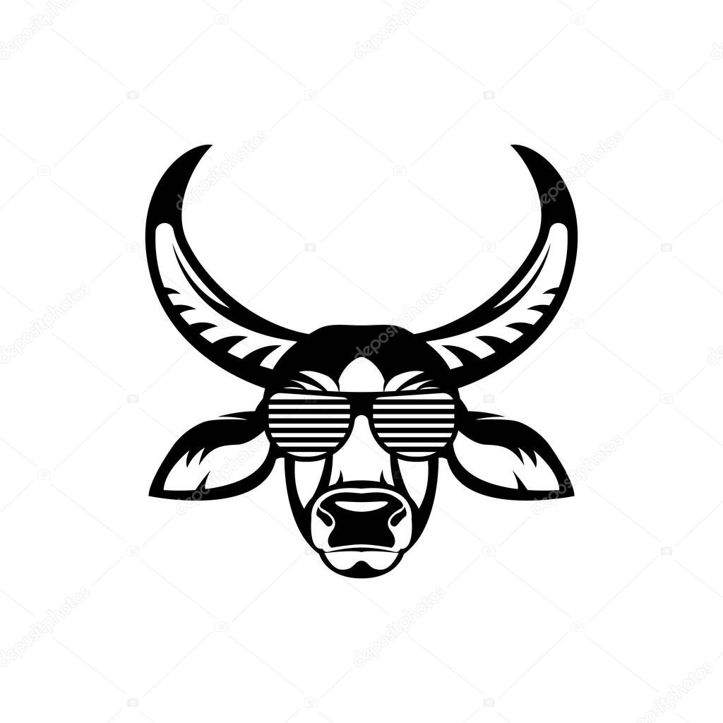 Vector asiatic buffalo head, face  for retro hipster logos, emblems, badges, labels template and t-shirt vintage design element. Isolated on white background
