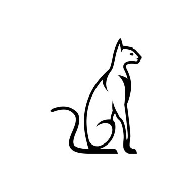 Retro logolar, amblemler, rozetler, eski model tasarım elementleri için vektör kedi silueti görünümü. Beyaz arkaplanda izole