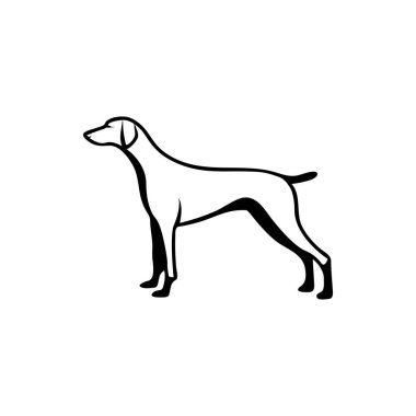 Retro logolar, amblemler, rozetler, eski model tasarım elementleri için vektör köpek silueti görünümü tarafı. Beyaz arkaplanda izole