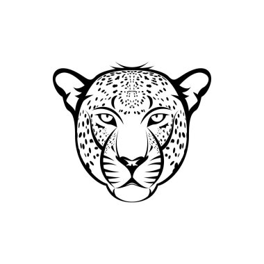 Vektör leopar başı, retro logolar için yüz, amblemler, rozetler, etiketler şablon ve tişört vintage tasarım elemanı. Beyaz arkaplanda izole