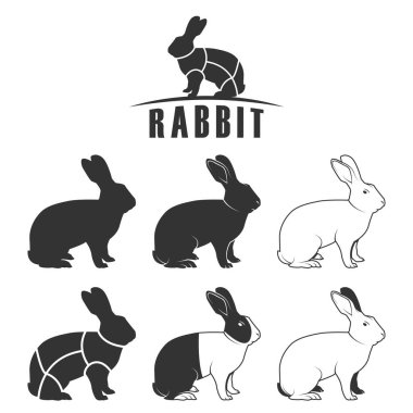 Tavşan, tavşan, siluet. Antika logo, eski baskı, kasap dükkanı posteri, tavşan silueti..