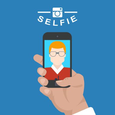 Akıllı telefondan selfie çeken bir adamın düz çizimi. Akıllı telefon, erkeklerin elinde. İzole edilmiş arkaplanda karakter.