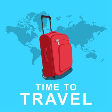 Renkli seyahat ve seyahat konsepti vektör düz bayrak seyahat çantası ve dünya haritası.