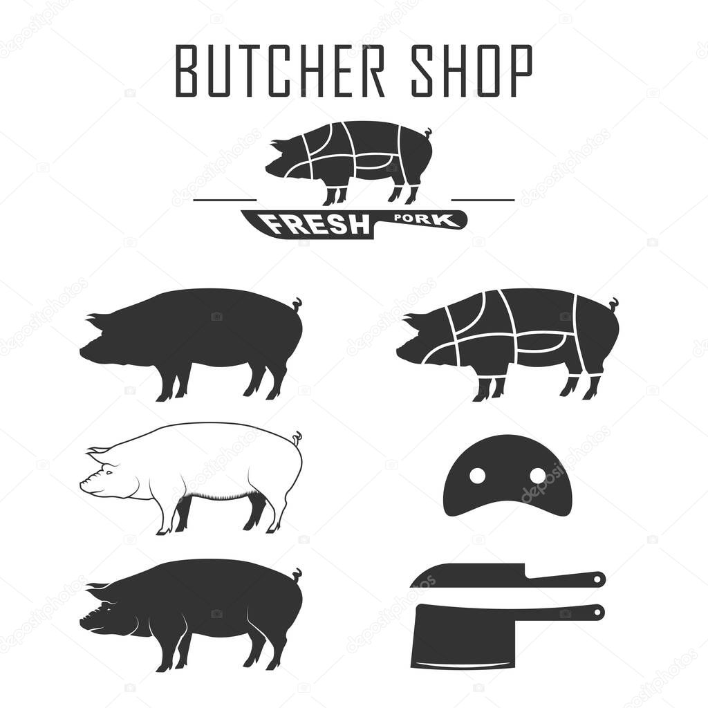 pig silhouette. Vintage logo, retro print, poster for Butchery meat shop, pork symbol