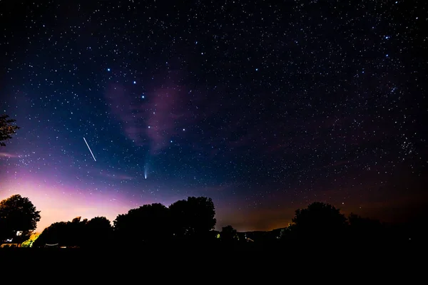 Bela Noite Estrelada Com Cometa Neowise Floresta Bávara Grande Mergulhador Imagens Royalty-Free