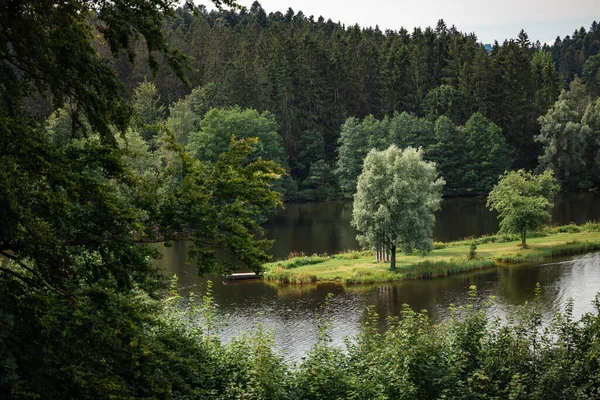 Pacífico Lago Rannasee Floresta Bávara Fronteira Entre Áustria Alemanha Imagem De Stock