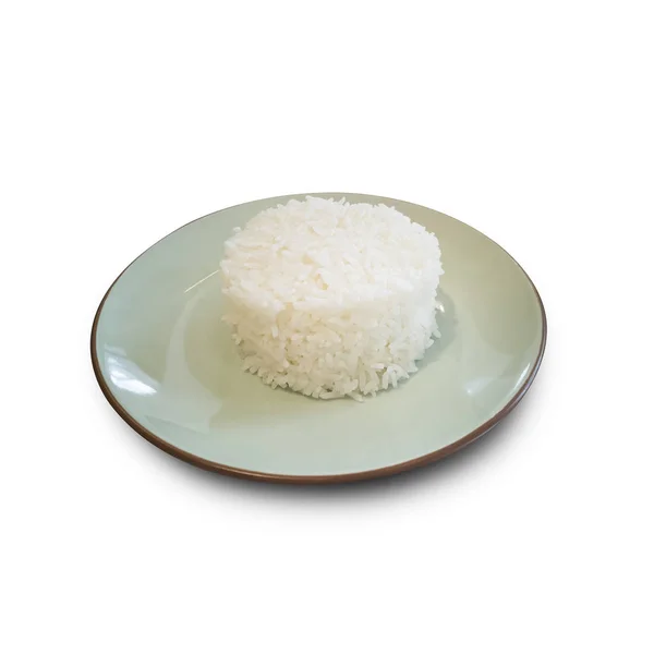 Arroz Cozido Uma Placa Branca Fundo Branco — Fotografia de Stock