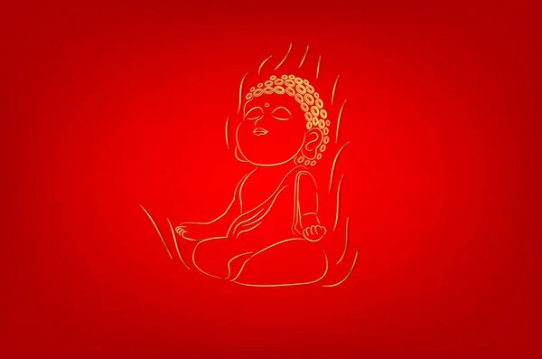 Budda Dorata Con Bordo Dorato Seduta Con Meditazione Sfondo Rosso — Vettoriale Stock