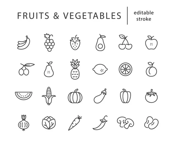 Obst Und Gemüse Zeilensymbol Mit Editierbarem Strich Einfache Umrisse Nahrungsmittelsammlung — Stockvektor