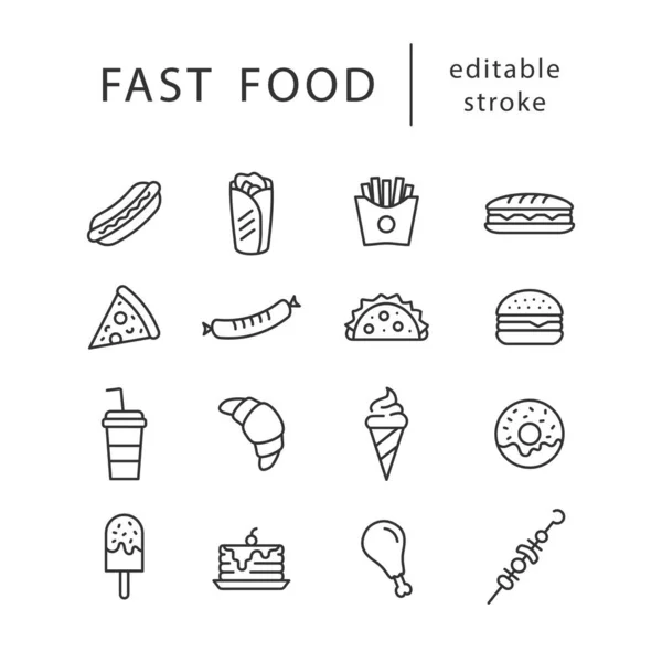 Fast food - düzenlenebilir felçli çizgi simgesi. Basit tasarım tasarımı. Abur cubur ikonları koleksiyonu. Vektör illüstrasyonu.