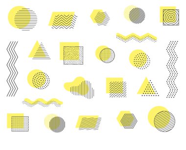 Geometrik şekiller, sarı nesneler kümesi. Pankart, web, reklam, dergi, satış, reklam panosu vs. için vektör elementlerinin Retro koleksiyonu. Görüntü.