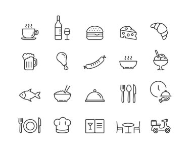Restoran hattı simgesi düzenlenebilir vuruşla ayarlandı. 20 sembolden oluşan özet koleksiyonu. Yiyecek ve içecek ikonları. Vektör illüstrasyonu.