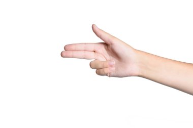 Beyaz bir arka planda izole edilmiş bir gencin eli. Kapat..