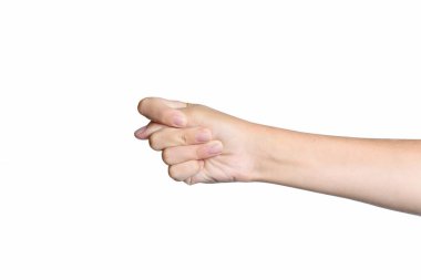 Beyaz bir arka planda izole edilmiş bir gencin eli. Kapat..