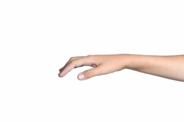 Beyaz bir arka planda izole edilmiş bir gencin eli. Kapat..