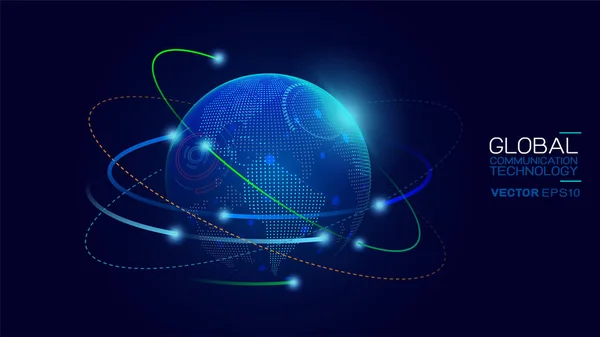 Dados mundiais conectando rede e conceito de comunicações com pontos de mapa e malha em segundo plano. Conexão de sinal de dados e telecomunicações globais abstratas. Ilustração vetorial — Vetor de Stock