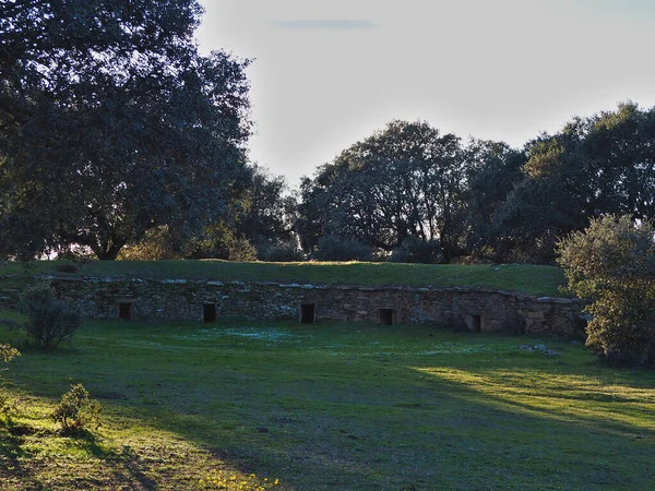 エストレマドゥーラ牧草地の特徴である古い石の静寂で土の屋根 — ストック写真