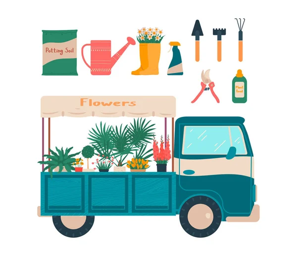 Tuin gereedschap voor huis plant vector illustratie set, cartoon platte mobiele bloemenwinkel, items voor tuinieren hand getrokken pictogrammen geïsoleerd op wit — Stockvector