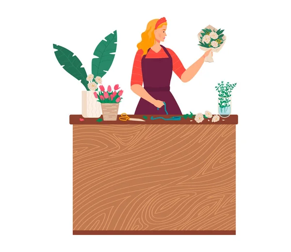 Floristería tienda vector ilustración, dibujos animados plana hermosa joven florista haciendo decoración ramo de flores y plantas aisladas en blanco — Vector de stock