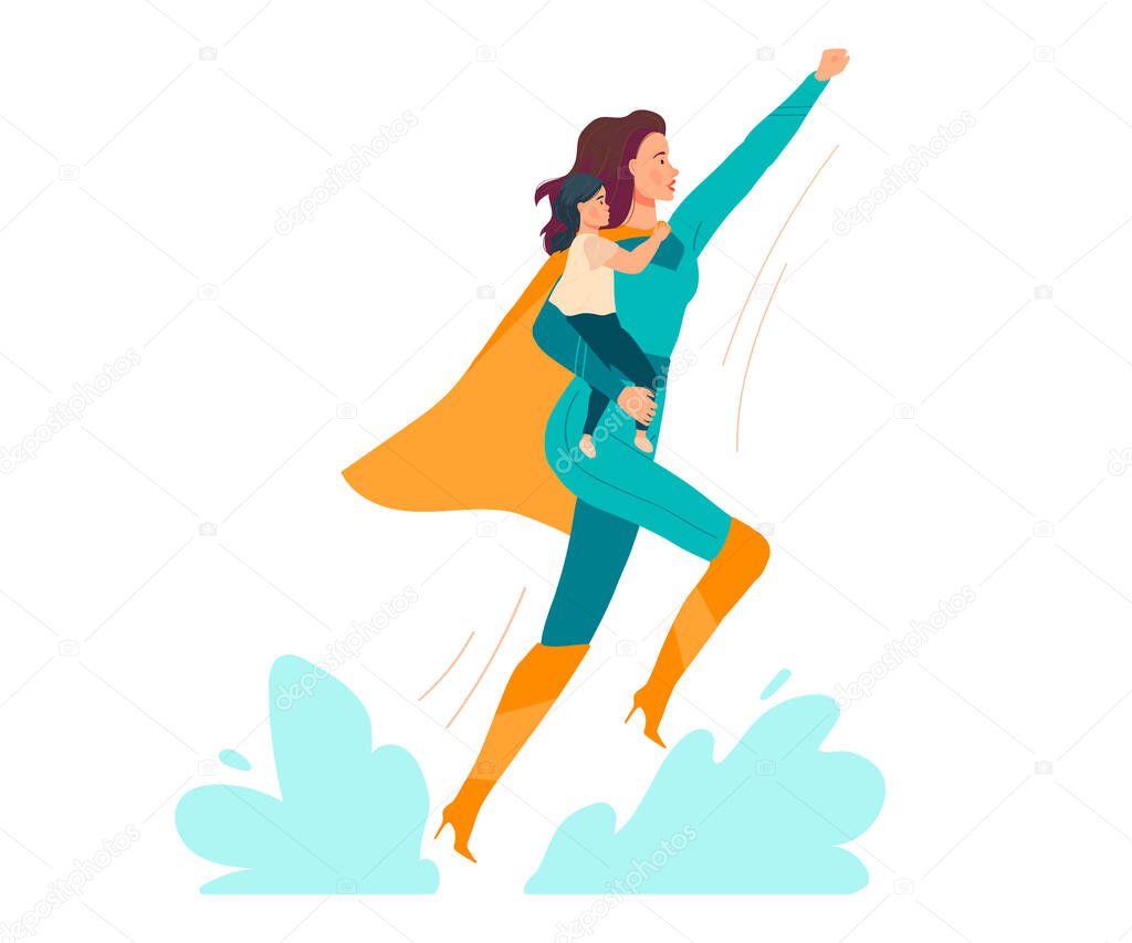 Super mom vector illustration, cartoon flat beautiful young mother in superhero costume holding baby child in hands isolated on white