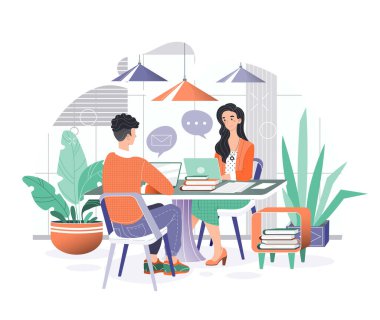 Ofis işi karakter çizimi, çizgi film düz gülümseyen iş adamları dizüstü bilgisayarlarda oturuyor, rahat ofis odalarında çalışıyor.