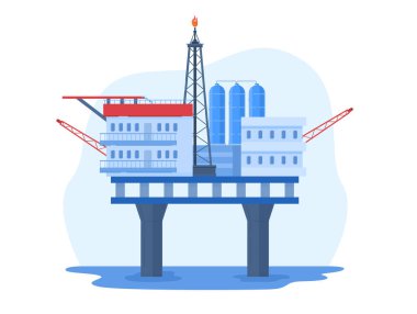 Petrol endüstrisi vektör illüstrasyonu, karikatür düz şehir manzarası su sondaj platformu, off-shore istasyonu beyaz izole
