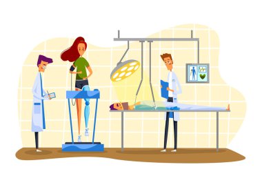 Robot ve engelli insanlar vektör çizimi, çizgi film düz hasta karakterleri beyaz üzerinde izole edilmiş yapay protez uzuvlar kullanıyorlar.