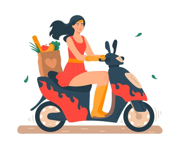 Illustration vectorielle super maman, dessin animé plat belle jeune mère en costume de super-héros équitation moto ou scooter isolé sur blanc — Image vectorielle