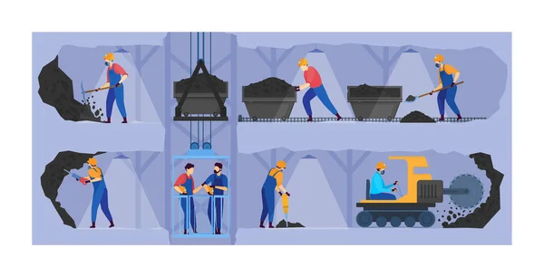 Mensen werken in de mijnindustrie vector illustratie, cartoon platte mijnwerker personages werken in ondergrondse tunnels, mijnbouw zakelijke achtergrond — Stockvector