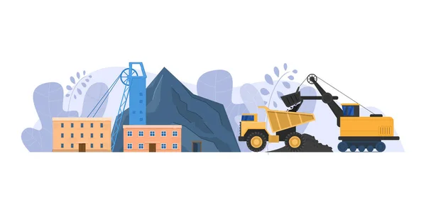 Векторна ілюстрація шахтної промисловості, мультиплікаційний плоский міський пейзаж з будівлею гірничодобувної фабрики для видобутку вугілля ізольовано на білому — стоковий вектор