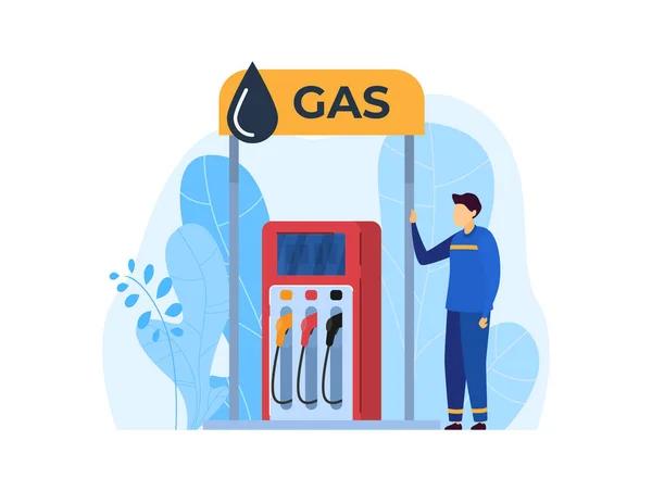 ガソリンスタンドのベクトル図、白で隔離された車のアイコンに燃料を埋めるために働く漫画のフラット労働者の文字で働く — ストックベクタ